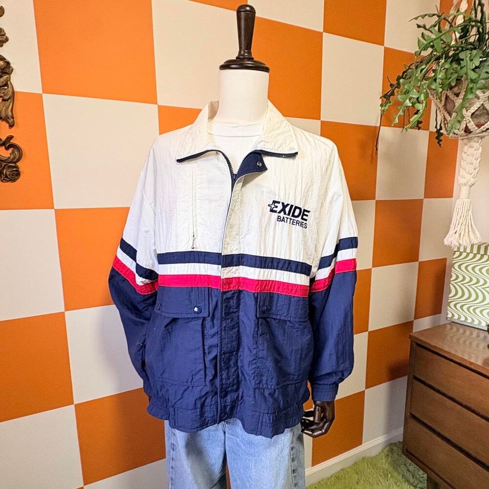 90s Vintage Red White and Blue Nylon Exide Batteries Windbreaker